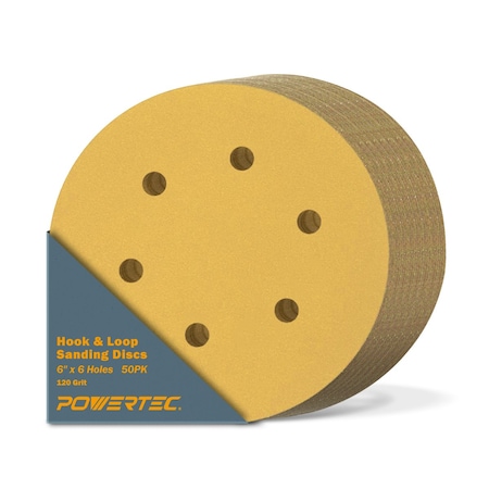 Powertec 120 Grit, 6 Inch 6 Hole Hook and Loop Sanding Discs for Random Orbital Sander, 50PK 45212G-50